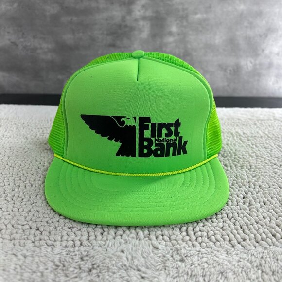 90s Vintage First Savings Bank Mesh Snapback Trucker Rope Hat OSFA Neon Cap - Picture 1 of 8